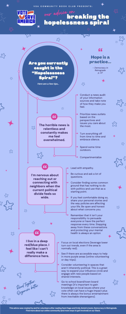 VSA Community Book Club presents: our advice on breaking the hopelessness spiral

In a big blue circle: Are you currently caught in the "Hopelessness Spiral?" Here are a few tips.

In a pink quote block: The horrible news is relentless and constantly makes me feel overwhelmed.

Arrows extending from the quote box point to text captions: Conduct a news audit of your information sources and take note of how they make you feel.; Prioritize news outlets based on the perspectives and issues you care about the most; Turn everything off from time to time and embrace silence; Spend some time outdoors; Compartmentalize.

In a second, big pink quote box: I'm nervous about reaching out or connecting with neighbors when the current political divide feels so wide.

Arrows extending from the quote box point to text captions: Lead with empathy; Be curious and ask a lot of questions; Consider finding some common ground that has nothing to do with politics and use that as a starting point; If you feel comfortable doing so, share you personal stories and the way politics are affecting your life. Be open and honest about what concerns you; Remember that it isn't your responsibility to persuade everyone or have the perfect response every time. Stepping away from these conversations and protecting your mental health is always an option.

In the third pink quote text box: I live in a deep red/blue place. I feel like I can't really make a difference here.

Arrows extending from the third quote box point to text captions: Focus on local elections (leverage lower turn out trends, even if the area is normally red); See if there are accessible ways to help in more purple areas; Consider volunteering in spaces that aren't inherently political. This is a great way to expand your influence circle and engage with new people based on shared interests; Go to school board/town board meetings (it's important to gain knowledge on local issues where your vote often can have a huge impact).