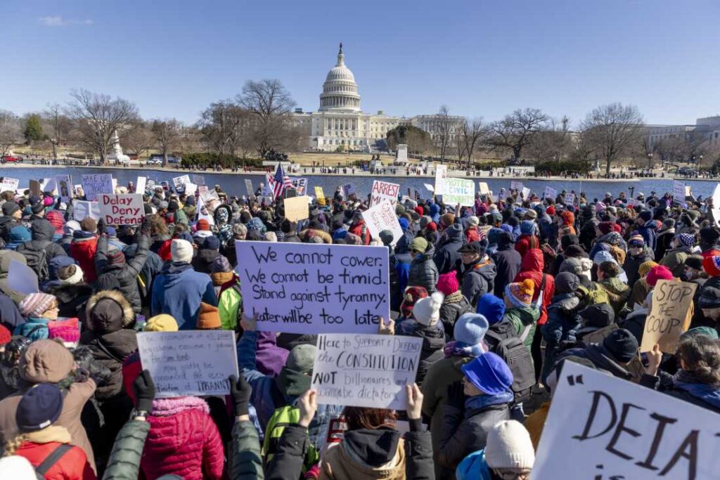 Thousands of people demonstrated at the U.S. Capitol in protest against Donald Trump and Elon Musk. Monday Feb. 17, 2025.