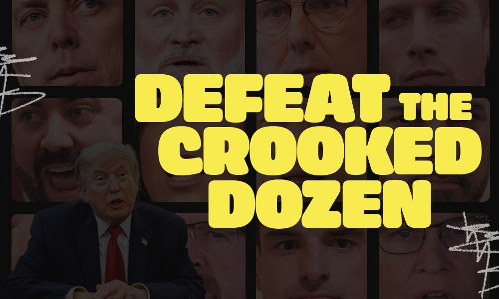A dark black background with large yellow text reading DEFEAT THE CROOKED DOZEN. Faintly under the black background is an image of Donald Trump and close up photos 12 House Republicans.