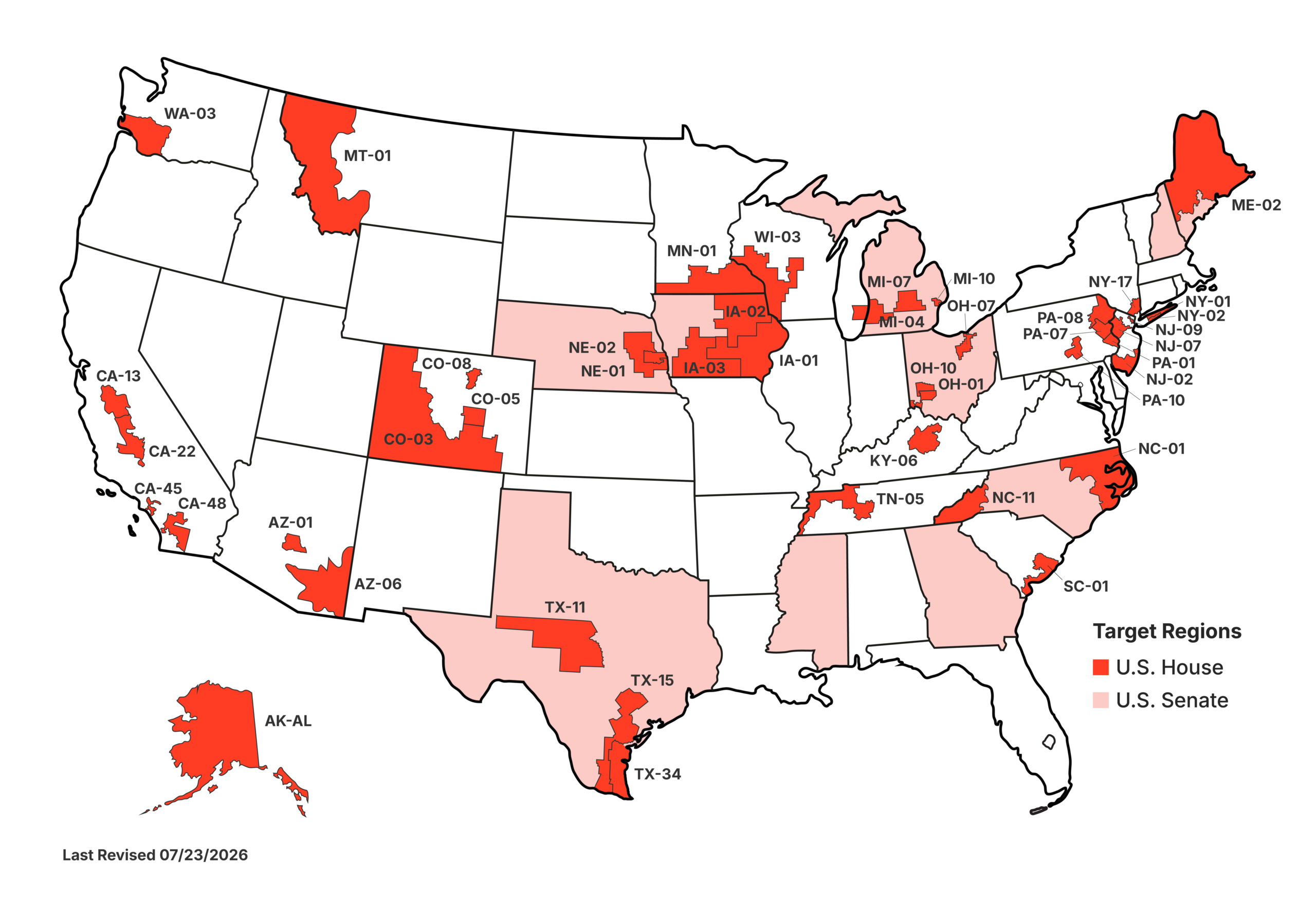 A map of the U.S. with the following states and districts highlighted in red.
Districts: AK-AL, AZ-01, AZ-06, CA-13, CA-22, CA-45, CA-48, CO-03, CO-05, CO-08, IA-01, IA-02, IA-03, KY-06, ME-02, MI-04, MI-07, MI-10, MN-01, MT-01, NC-01, NC-11, NE-01, NE-02, NJ-02, NJ-07, NJ-09, NY-01, NY-02, NY-17, OH-01, OH-07, OH-10, PA-01, PA-07, PA-08, PA-10, TN-05, TX-11, TX-15, TX-34, WA-03, WI-03
States: Alaska, Iowa, Maine, New Hampshire, Michigan, North Carolina, Georgia, Ohio, Nebraska, Mississippi 
Text to the bottom left of the map reads Last Revised 07/23/2026. 