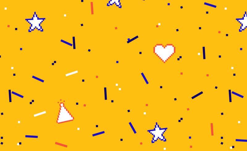 confetti, stars, and hearts on a yellow background