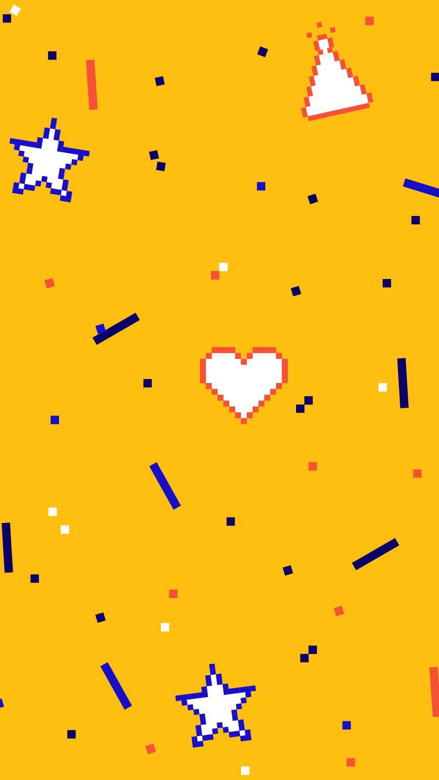 confetti, stars, and hearts on a yellow background
